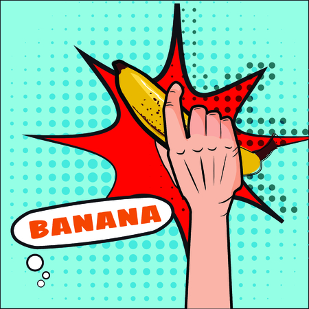 Banana, the hand holds a fruit, pop art style. Vector, illustration, isolatedのイラスト素材