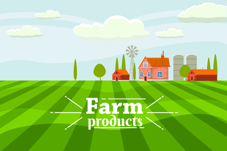 Rural countryside with a farm and cows, sheep and goats.のイラスト素材