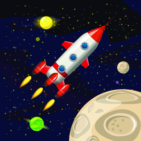 Space rocket launch, spaceship, space background, cartoon style, Vector illustrationのイラスト素材