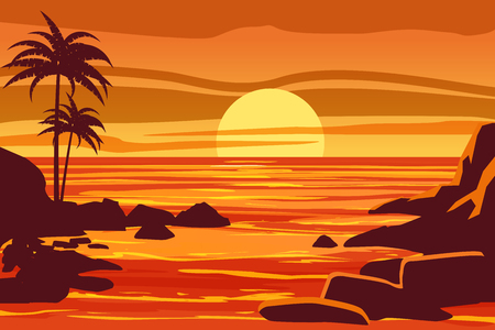 Tropical beautiful sunset, landscape with palm tree , sea, stones, vector cartoon style illustrationのイラスト素材