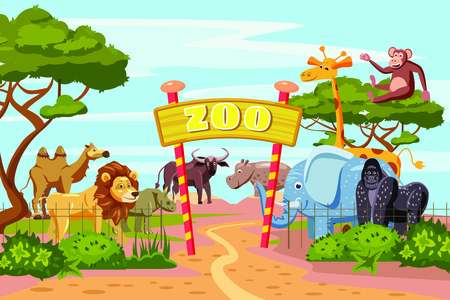 Zoo entrance gates with elephant giraffe lion safari animals and visitors on territory in cartoon poster vector illustrationのイラスト素材