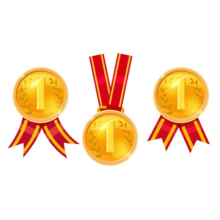 Set of gold medals with red ribbonsのイラスト素材