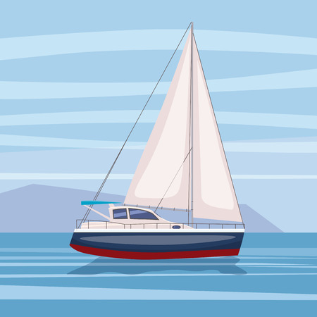 Sailing boat floating on water surface. Vector color illustration. Isolated. Cartoon styleのイラスト素材
