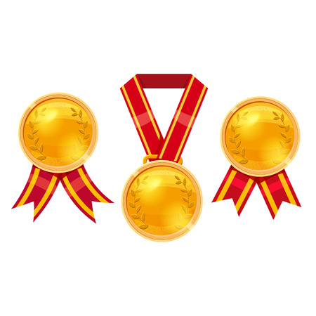 Champion gold, silver and bronze award medals with red ribbonsのイラスト素材