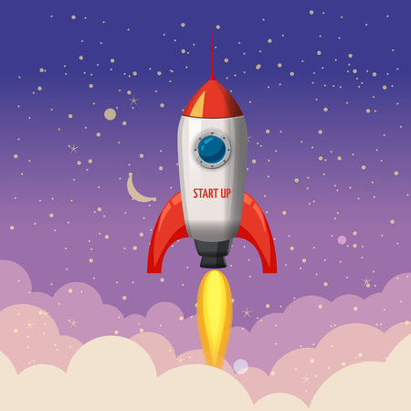 Rocket launch, ship, start up, night, vector, illustration concept of business product on a market, isolated.のイラスト素材