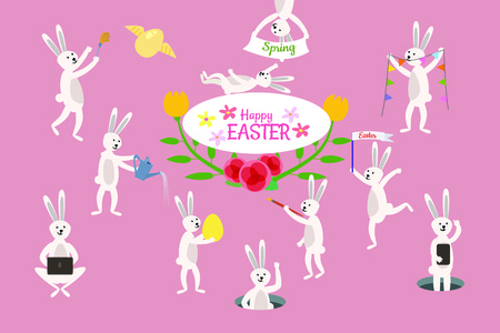 Set of cute Easter cartoon characters and design elements. Easter bunny, eggs and flowers.のイラスト素材