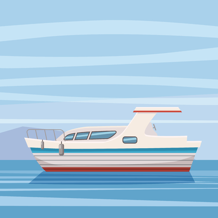 Speed boat, yacht on seascape background, cartoon style, vector illustration.のイラスト素材