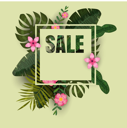 Tropical vector sale design with bright flowers and exotic palm leaves on dark background isolated, cartoon style.のイラスト素材