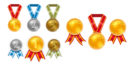 Set champion gold, silver and bronze award medals with red ribbons, vector isolated.のイラスト素材