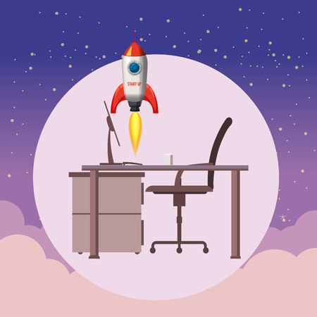 Successful start up, Rocket launch, offise, ship, vector, illustration concept of business product on a market.のイラスト素材