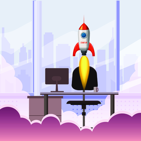 Successful start up, Rocket launch, offise, ship, vector, illustration concept of business product on a market, isolatedのイラスト素材
