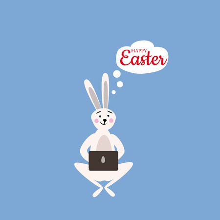 Cute easter bunny with laptop, vector cartoon style, illustration, isolatedの写真素材