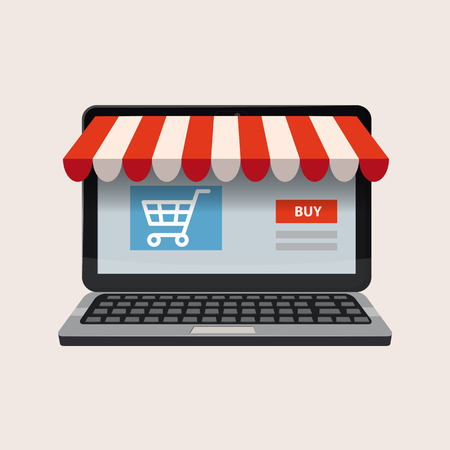 Black open laptop with and screen buy. Computer notebook. Concept online shoppingのイラスト素材