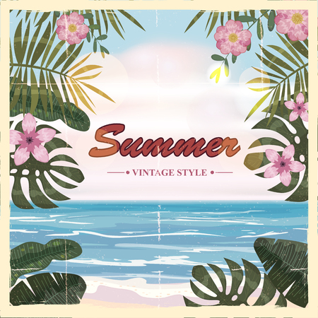 Vector summer retro poster background, flowers, beach, vector, illustrationsのイラスト素材
