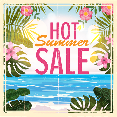 Advertisement about the summer sale on background with beautiful tropical sea beach view, flowers, leaves. Vector illustration.の写真素材