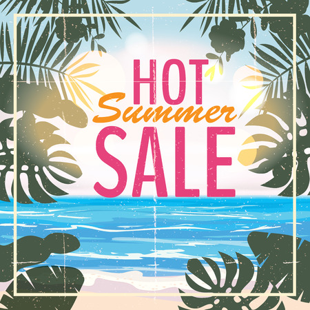 Advertisement about the summer sale on background with beautiful tropical sea beach view, flowers, leaves. Vector illustration.のイラスト素材