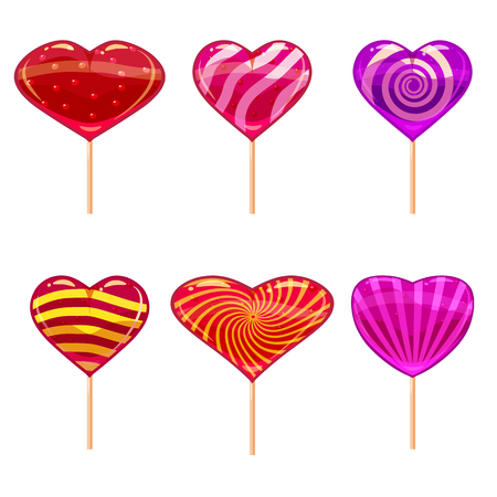 Set of colorful heart-shaped lollipops. Good for Valentine day design. Cartoon style, vector, isolatedの写真素材