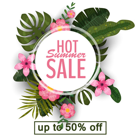 Sale summer banner, poster with palm leaves, jungle leaf and tropical flowers. Vector illustration EPS10の写真素材
