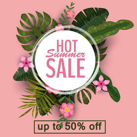 Sale summer banner, poster with palm leaves, jungle leaf and tropical flowers. Vector illustration EPS10の写真素材