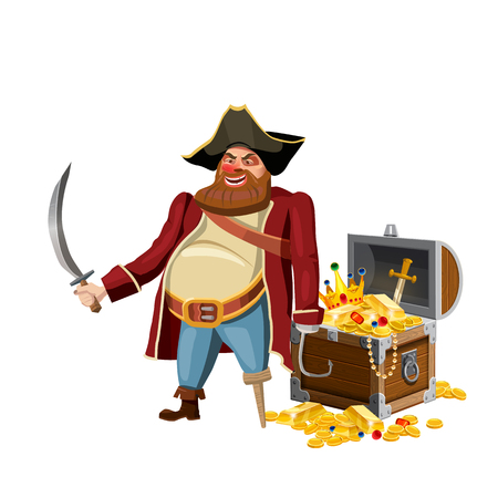 Old pirate with one leg and hook and saber, guards treasure chest, vectorのイラスト素材