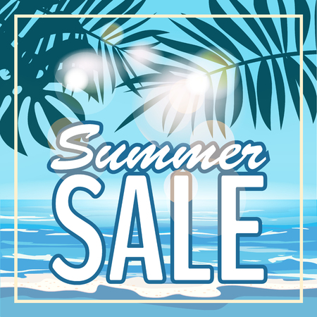 Sale summer banner, poster with tropical leaves, jungle leaf. Sea tropical summer background. Vector illustration EPS10の写真素材