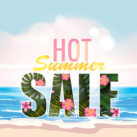 Sale banner, poster with palm leaves, jungle leaf and tropical flowers. Sea tropical summer background.のイラスト素材