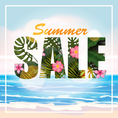 Design of a banner with a logo of summer sale. Offer for promotion with summer tropical plants, leaves and flower decoration. Vector illustrationのイラスト素材