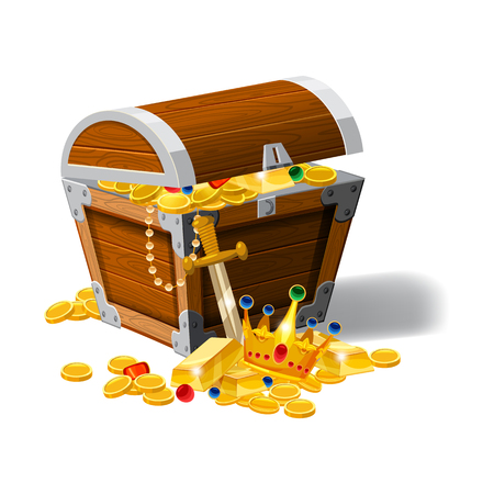 Old pirate chest full of treasures, gold coins, ingots, jewelry, crown, dagger, vector, cartoon style illustration isolatedのイラスト素材