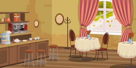 Coffee house, interior, rack, chairs coffee machine tables vector illustrationのイラスト素材