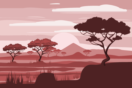 African landscape, lion, savannah, sunset, vector, illustration, cartoon style, isolatedのイラスト素材