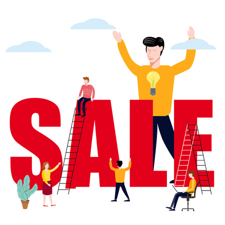 Managers And Office Workers On Business, Developing Marketing And Business Management Skills And Knowledge Set On Big Sale Wordのイラスト素材