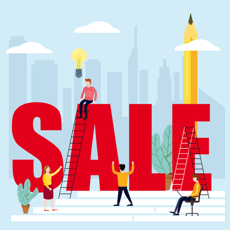 Managers And Office Workers On Business, Developing Marketing And Business Management Skills And Knowledge Set On Big Sale Wordのイラスト素材