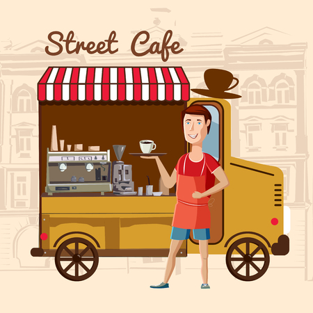 Street cafe, coffee bus barista in town, cartoon vector illustrationの写真素材