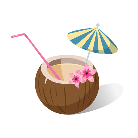 Aloha tropical coconut cocktail with colorful straws and umbrella on jungle leaves.のイラスト素材