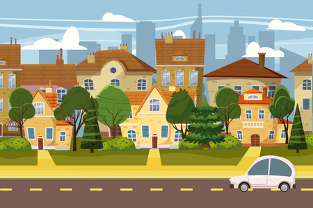 Suburban village of big city, trees, road, sky and clouds. Real estate, sale and rent house, mansion. Cottage Real Estates Cute Town Concept Cartoon Vector Illustration.の写真素材