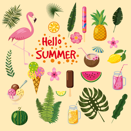 Set of tropical leaves, cute summer icons, ice cream, flamingo bird and tropical flowers, cartoon style, isolatedのイラスト素材