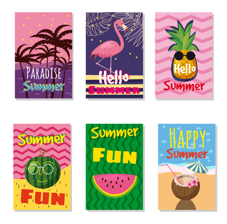 Vector set of bright summer cards. Beautiful summer posters with pineapple, watermelon, lemon, palm leaves and hand written text. Journal cards. Cartoon styleのイラスト素材