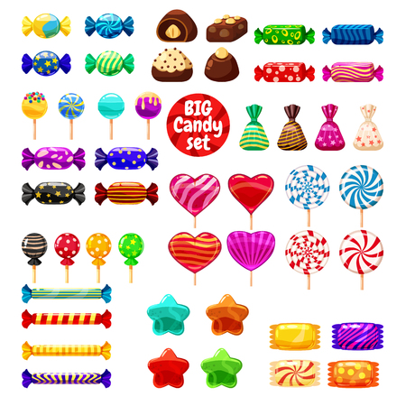 Set of different sweets on white background - hard candies dragee jelly beans peppermint candy. Vector illustration, isolatedのイラスト素材