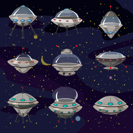 Set flying Saucer, Spaceship UFO Illustration cartoon funny, unidentified spaceship and spacecrafts on space background, various futuristic shapes, vector, cartoon style, isolatedのイラスト素材