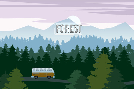 Highway drive with beautiful spruce forest landscape. Highway drive adventure travel Summer driving. Mountains horizon. Vector cartoon styleのイラスト素材