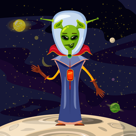 Alien in a spacesuit, cartoon style, background space, vectorのイラスト素材