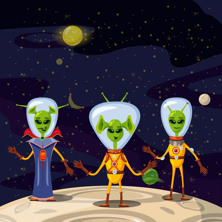 Cute Aliens In Space Suits, Spaceship Crew Cartoon Characters In space, vector, isolatedのイラスト素材