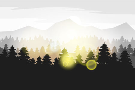 Pine forest and mountains vector backgrounds. Panorama taiga silhouette illustrationのイラスト素材