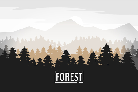 Pine forest and mountains vector backgrounds. Panorama taiga silhouette illustrationのイラスト素材