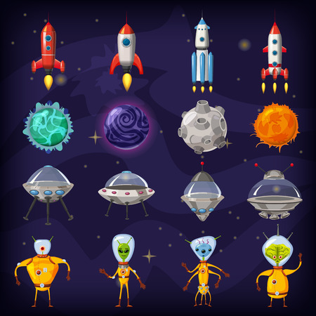 Space cartoon icons set. Planets, rockets, ufo elements on cosmic background, vector, isolated, cartoon styleのイラスト素材