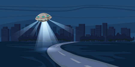 UFO flying over night city, metropolis, houses, skyscrapers, expensive, vector, illustrationのイラスト素材