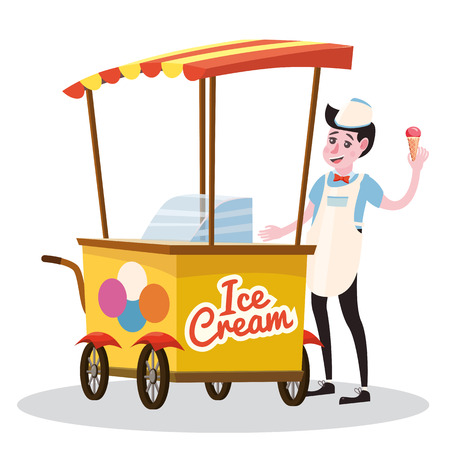 Ice cream seller, cart, vector, illustration, cartoon style, isolatedのイラスト素材