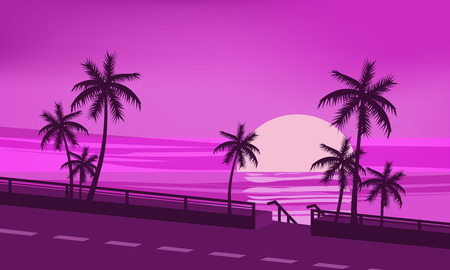Sunset, ocean, evening, palm trees sea shore, vector, illustration, isolated, cartoon styleのイラスト素材