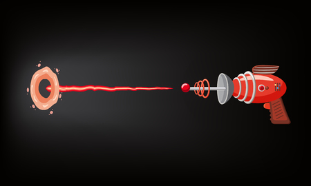 Blaster, laser, gan game, shot ray and flash, vector illustration, cartoon silhouette, red, blue, dark, for games, apps, concept for design. Isolatedのイラスト素材
