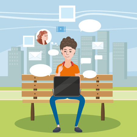 Teenager Using Laptop in a Bench in the Park, social networks, chat, cartoon style, vectorのイラスト素材